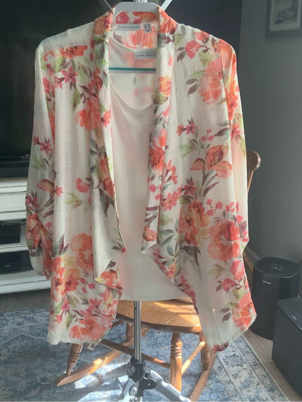 Susan Graver Floral Sheer Draped Kimono  &Tank Cream, Coral & Green